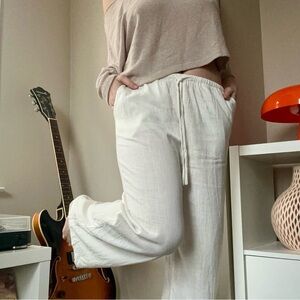 Women's White Drawstring Linen-Blend Wide Leg Pants